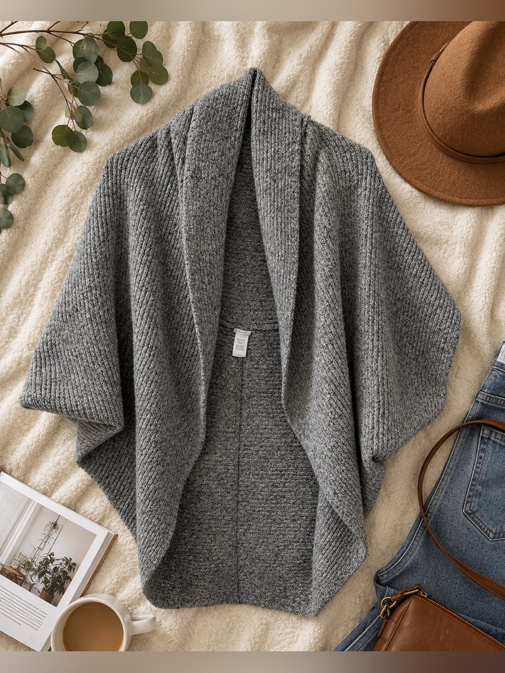 Pure Jill Gray Knit Open Front Cocoon Cardigan One Size